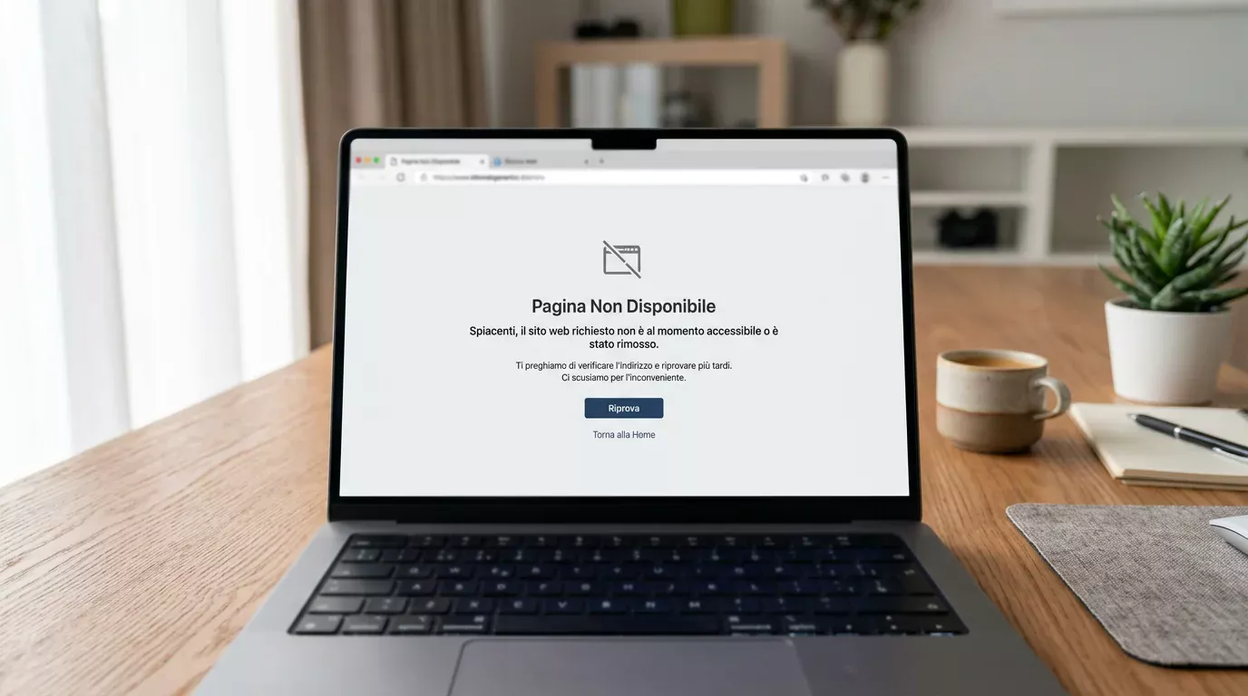 Schermo di un laptop in un ufficio domestico che mostra una pagina del browser con messaggio di sito non più disponibile