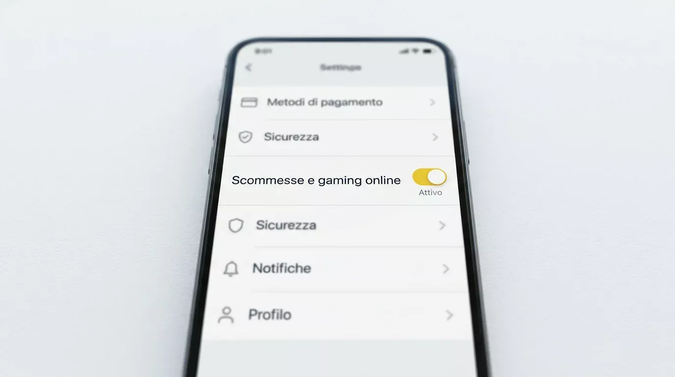 Schermata dell'app Postepay con interruttore del servizio Scommesse e gaming online attivato