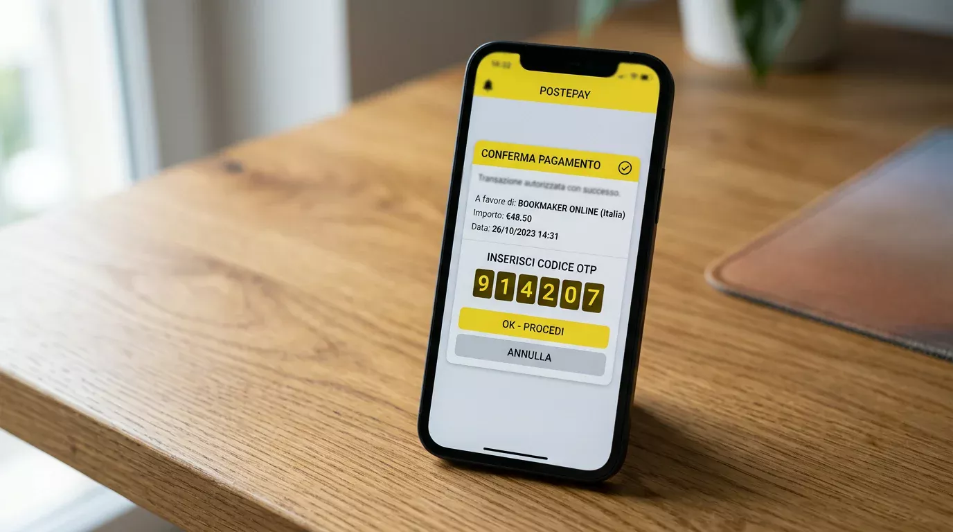 Schermata dell'app Postepay con notifica di pagamento verso un bookmaker accanto al codice OTP