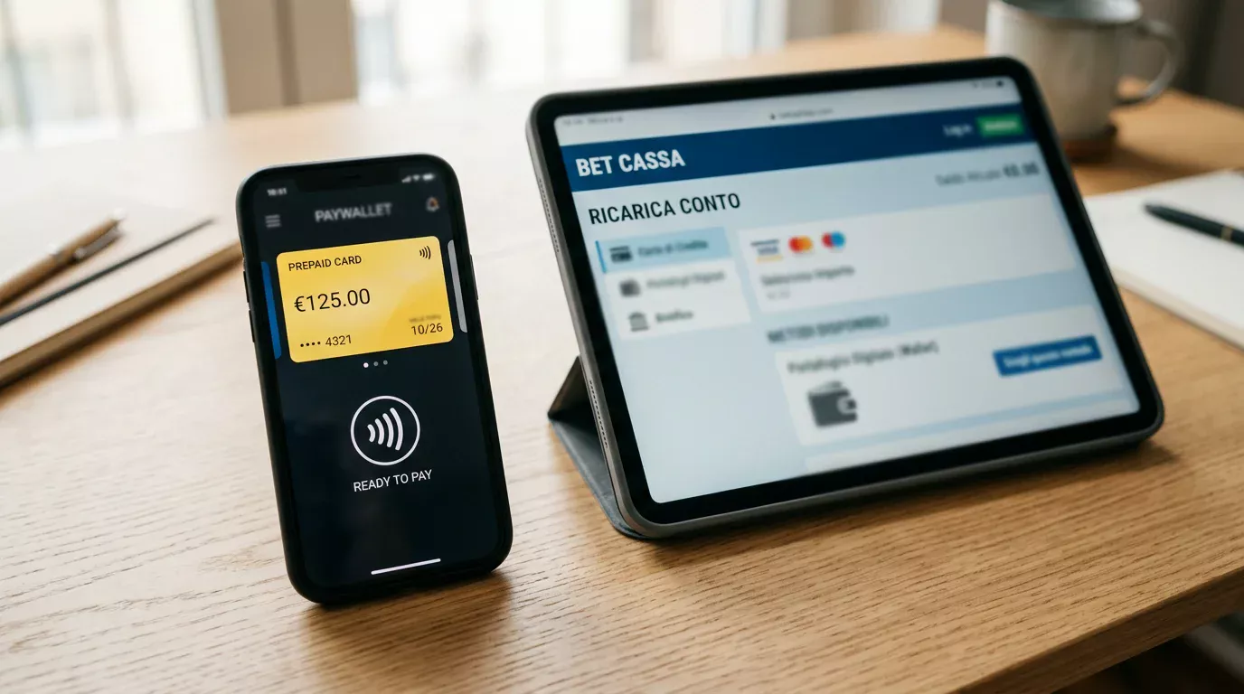Smartphone con schermata del wallet digitale che mostra una carta Postepay aggiunta accanto al sito di un bookmaker