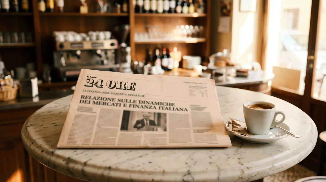 Quotidiano economico italiano aperto su un tavolo di un caffè con tazzina di espresso accanto e pagina dedicata al settore del gioco regolamentato