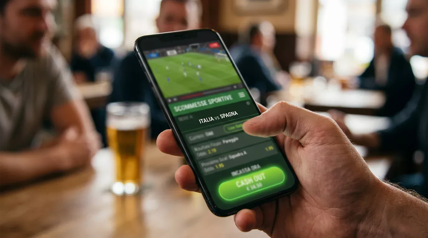 Schermata di un'app bookmaker su smartphone con il pulsante cash out evidenziato durante una partita di calcio