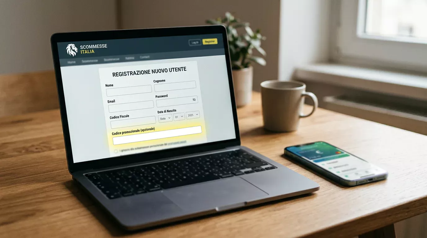Schermata di registrazione su un bookmaker ADM con campo per inserire il codice promo prima del deposito Postepay