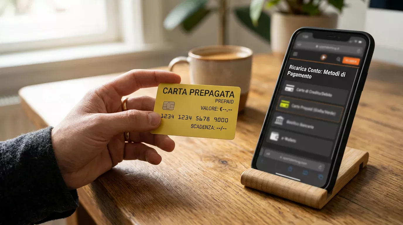 Mano che tiene una carta Postepay accanto a uno smartphone con la pagina dei metodi di pagamento di un bookmaker