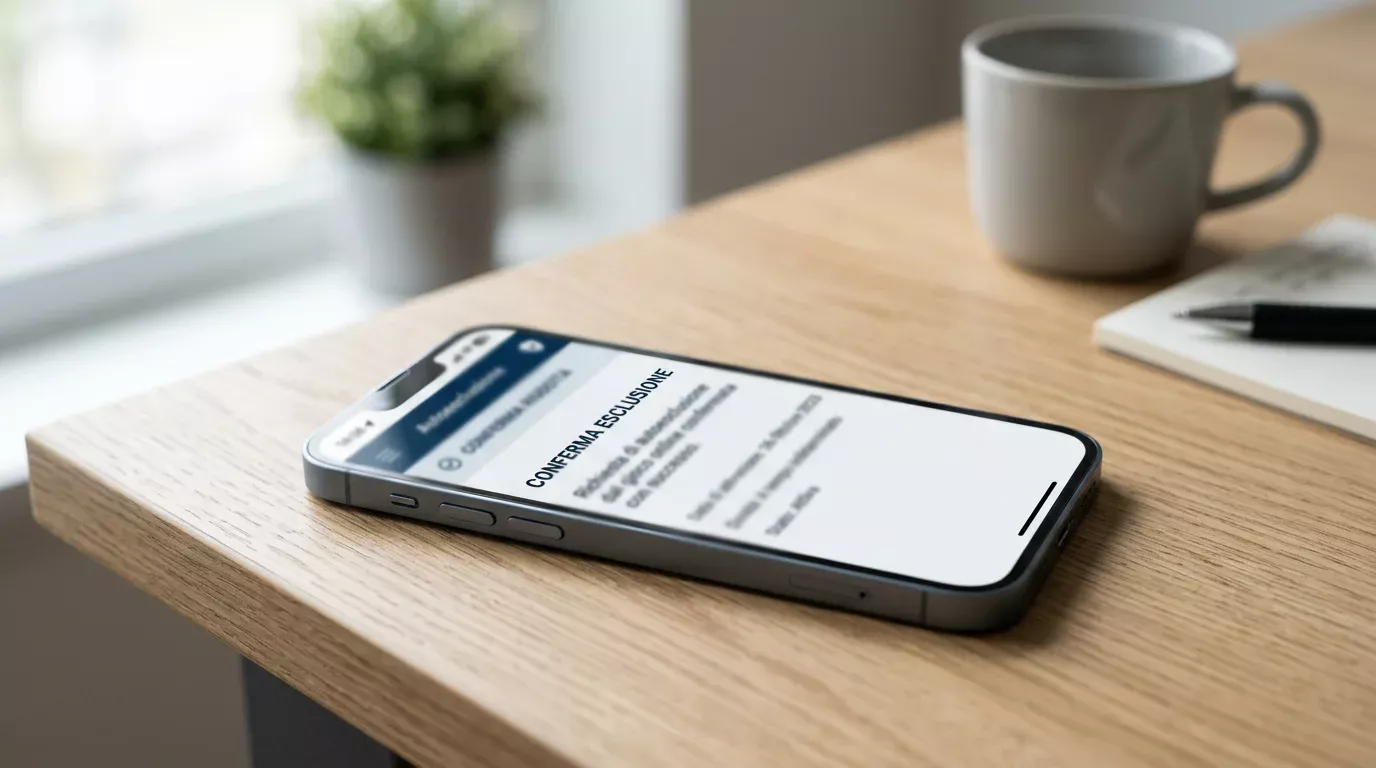 Smartphone su una scrivania di un ufficio domestico che mostra la pagina di conferma di una procedura di autoesclusione dal gioco online