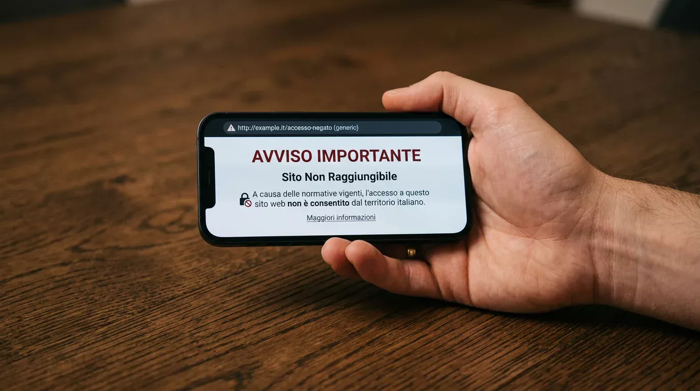 Smartphone tenuto in mano sopra una scrivania in legno che mostra una pagina di avviso di sito non raggiungibile dal territorio italiano