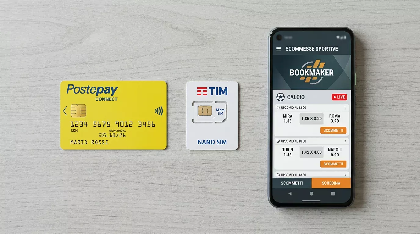 Carta Postepay Connect e una SIM PosteMobile accanto a uno smartphone con l'app dei bookmaker aperta