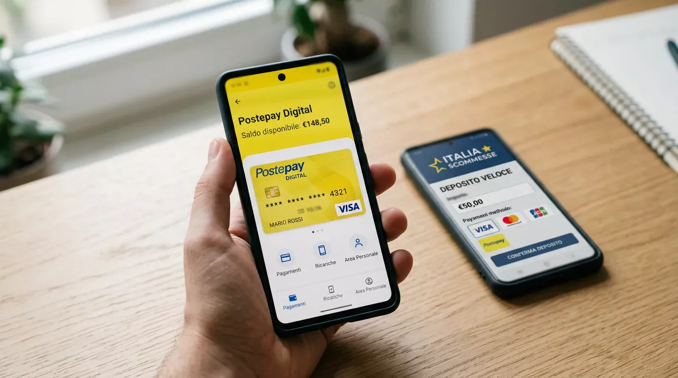 Smartphone che mostra la Postepay Digital nell'app accanto alla schermata di deposito di un bookmaker ADM