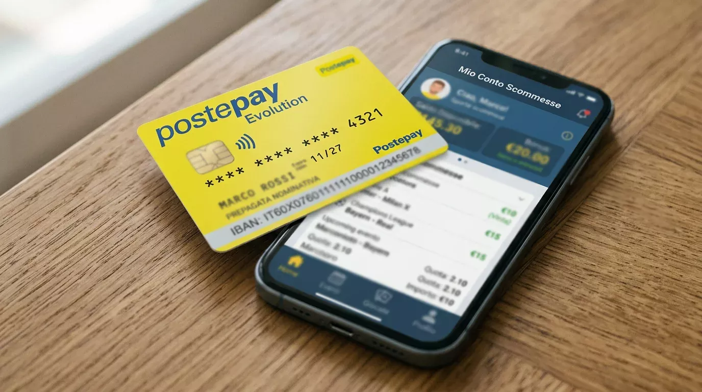 Carta Postepay Evolution con IBAN appoggiata su uno smartphone che mostra un conto gioco di un bookmaker ADM