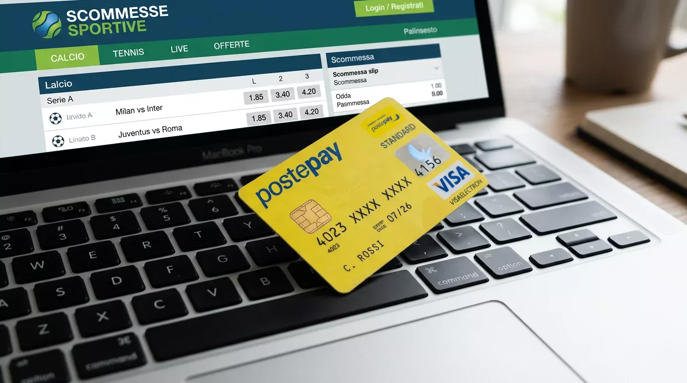 Carta Postepay Standard sopra una tastiera con il sito di un bookmaker ADM in background