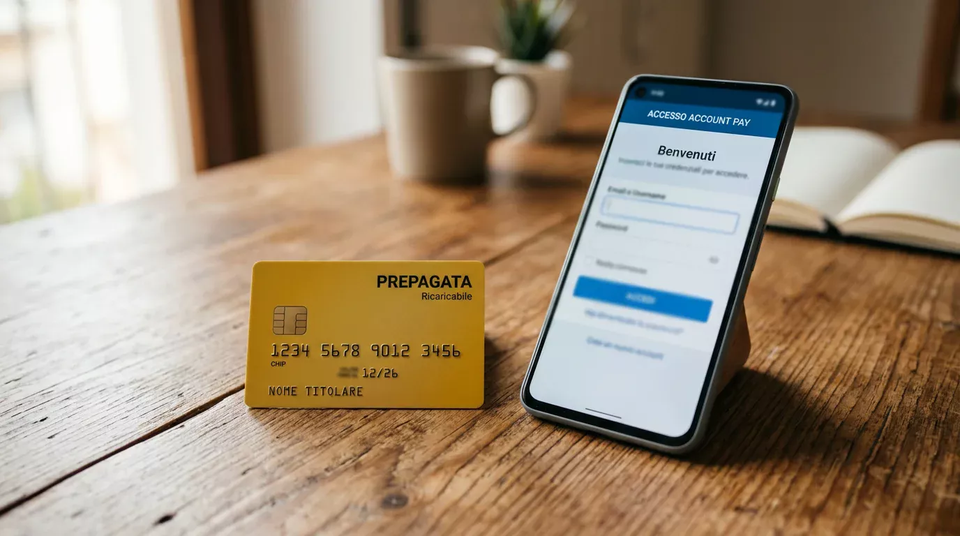 Carta Postepay appoggiata accanto a uno smartphone che mostra l'interfaccia di accesso a un account di pagamento online