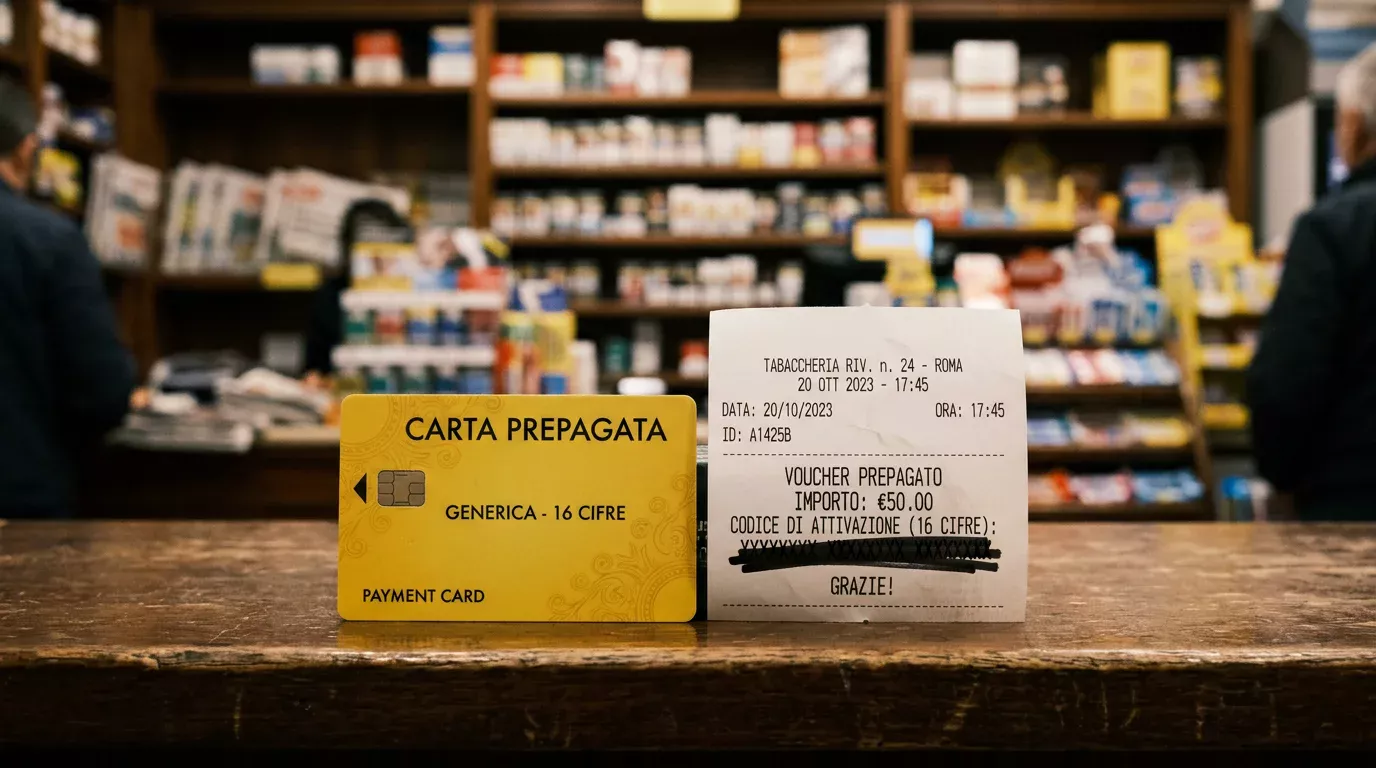 Carta Postepay e voucher cartaceo prepagato appoggiati su un bancone di tabaccheria italiana