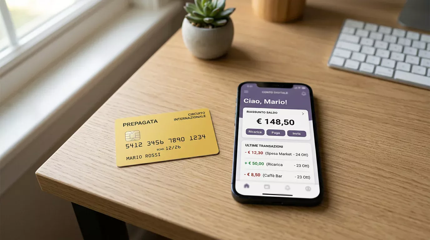 Carta Postepay accanto a uno smartphone con l'interfaccia di un e-wallet internazionale aperta