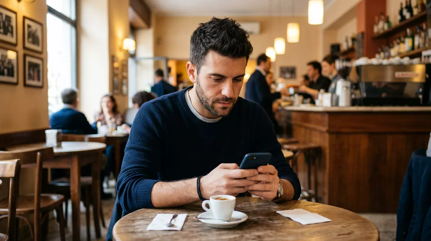 Uomo italiano sui trent'anni in abiti casual seduto al tavolino di un bar che consulta lo smartphone con espressione concentrata