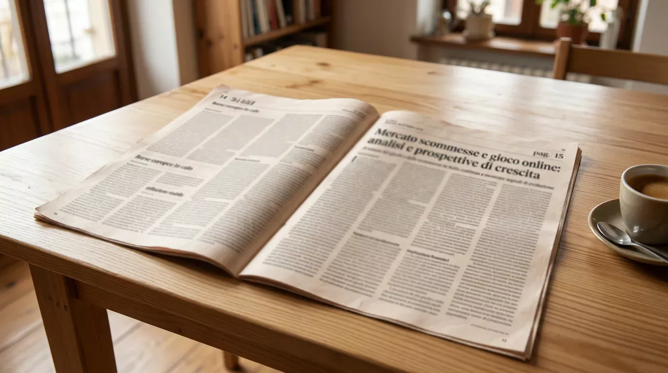 Quotidiano economico italiano aperto su un tavolo di legno chiaro con articolo sul mercato delle scommesse sportive online in Italia