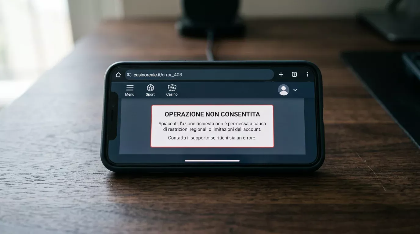Smartphone appoggiato su una scrivania in legno che mostra la pagina di un bookmaker italiano con messaggio di operazione non consentita