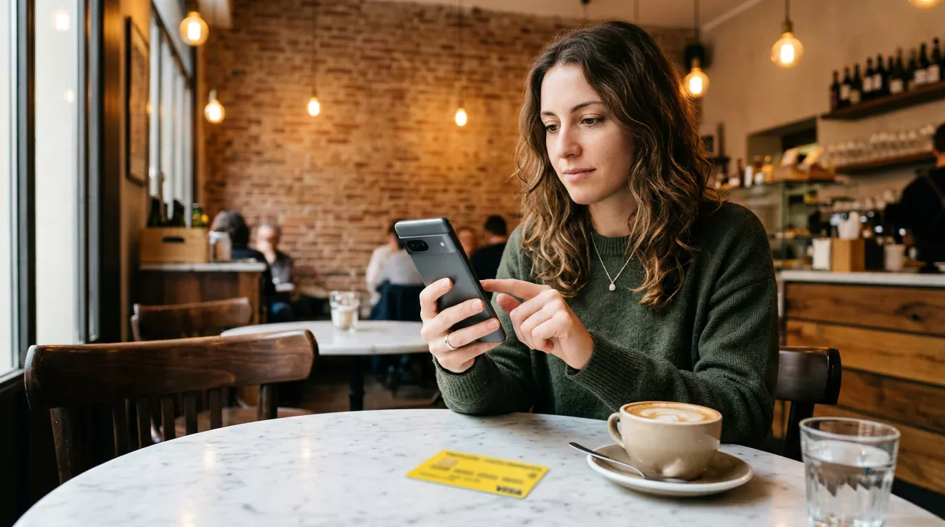 Persona seduta in un caffè che usa un'app di scommesse sportive sullo smartphone tenendo una carta Postepay