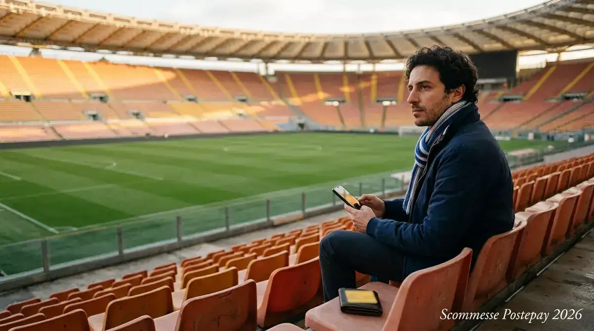 Tifoso italiano allo stadio con smartphone e scommesse Postepay