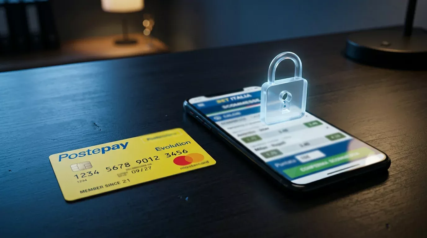 Lucchetto digitale e carta Postepay accanto a uno smartphone con un sito scommesse aperto