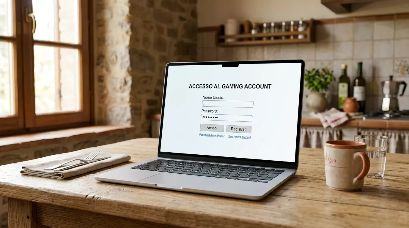 Laptop appoggiato su un tavolo di cucina italiano con la pagina di accesso al conto gioco di un bookmaker aperta sullo schermo