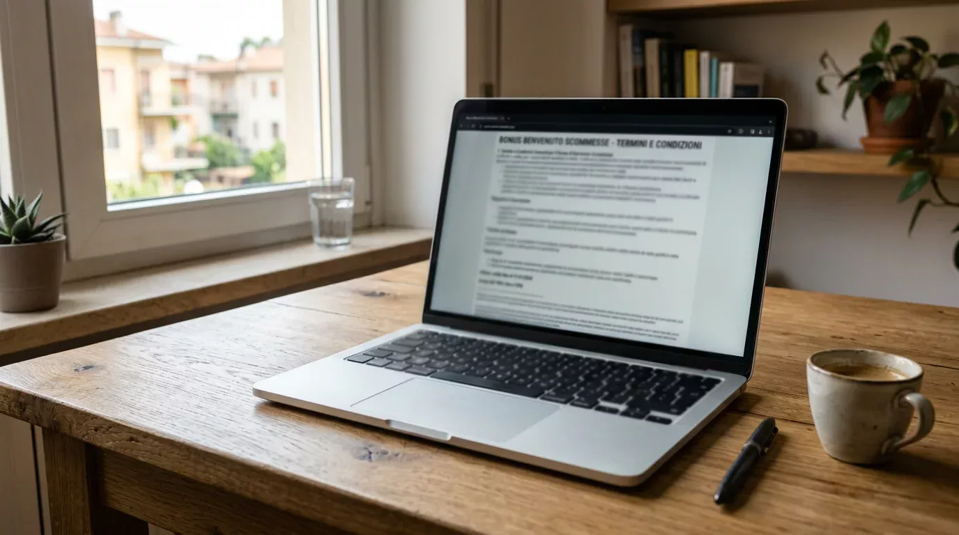 Laptop su una scrivania di un ufficio domestico con la pagina dei termini bonus di un bookmaker italiano aperta sullo schermo